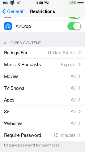 How do I restrict web content in iOS 7