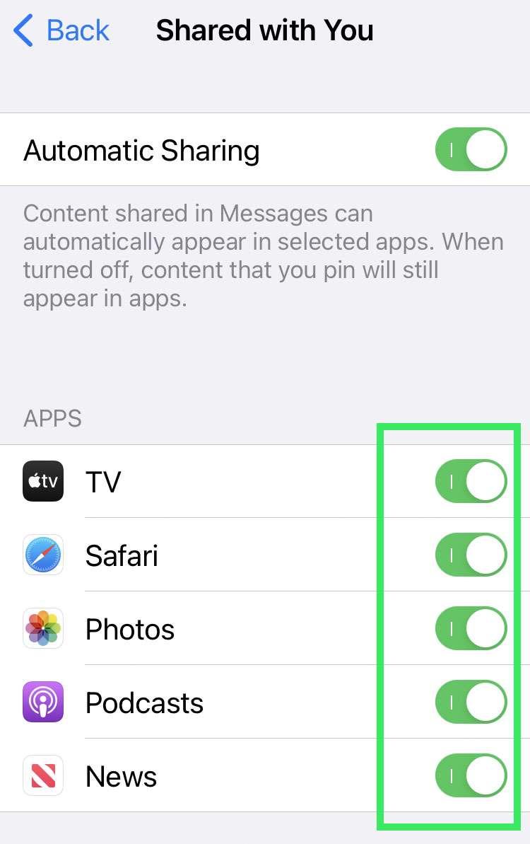 Toggle apps for sharing Toggle apps for sharing