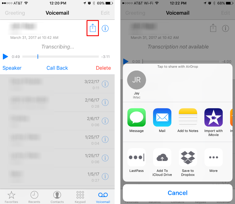 How do I transfer a voicemail from iPhone to another device? | The