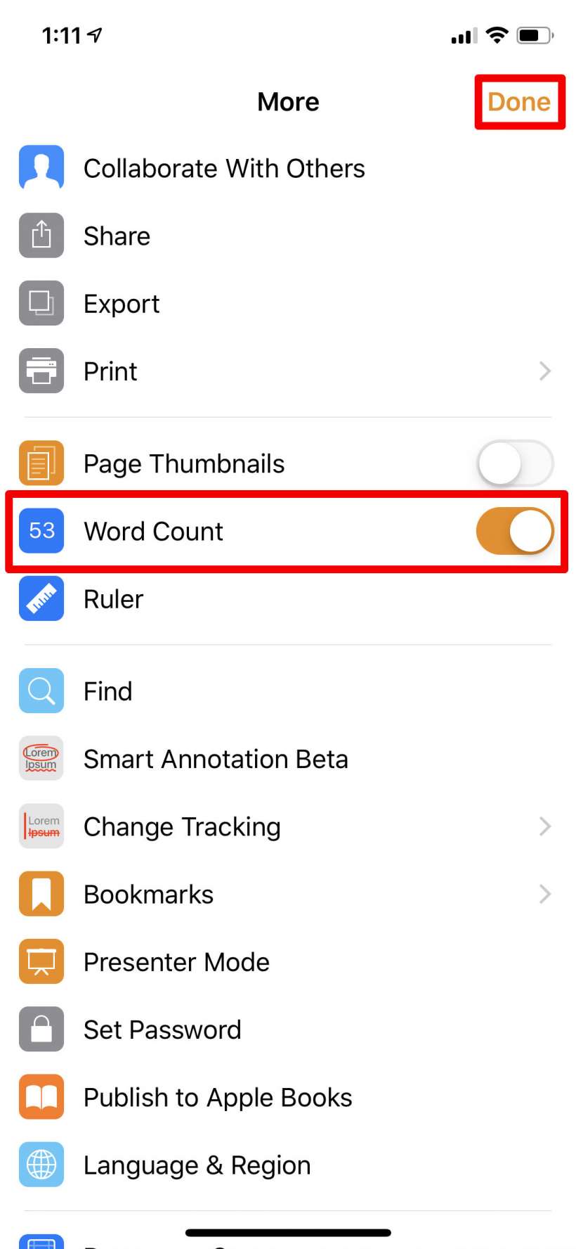 microsoft word word count of section in document