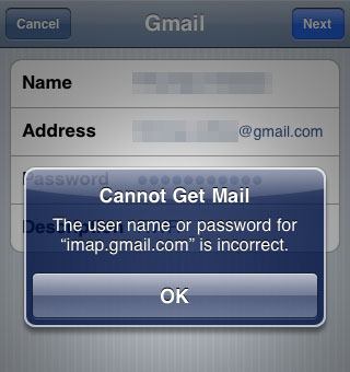 adding email to iphone password incorrect